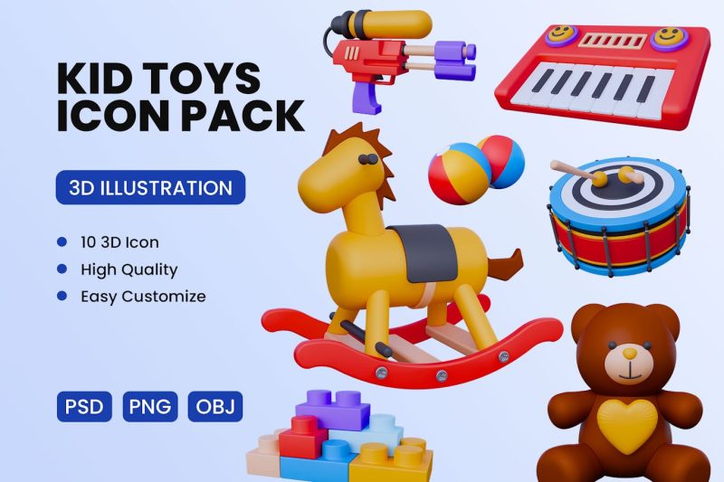 儿童玩具3D图标模型(OBJ,PNG,PSD) kid-toys-3d-icon