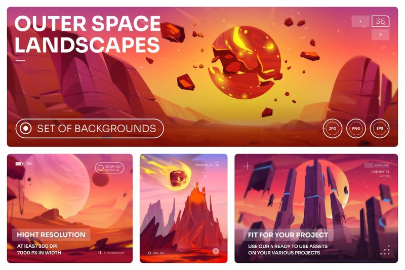 太空卡通矢量插画场景素材Vol.36 (EPS,JPG,PNG) space-cartoon-illustration-scenes-vol-36