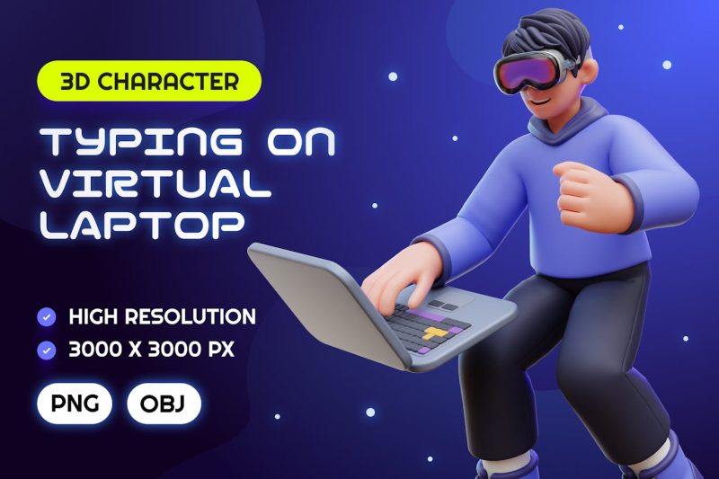 在虚拟笔记本电脑上打字卡通人物3D模型 (PNG,OBJ) typing-on-virtual-laptop-3d-illustration