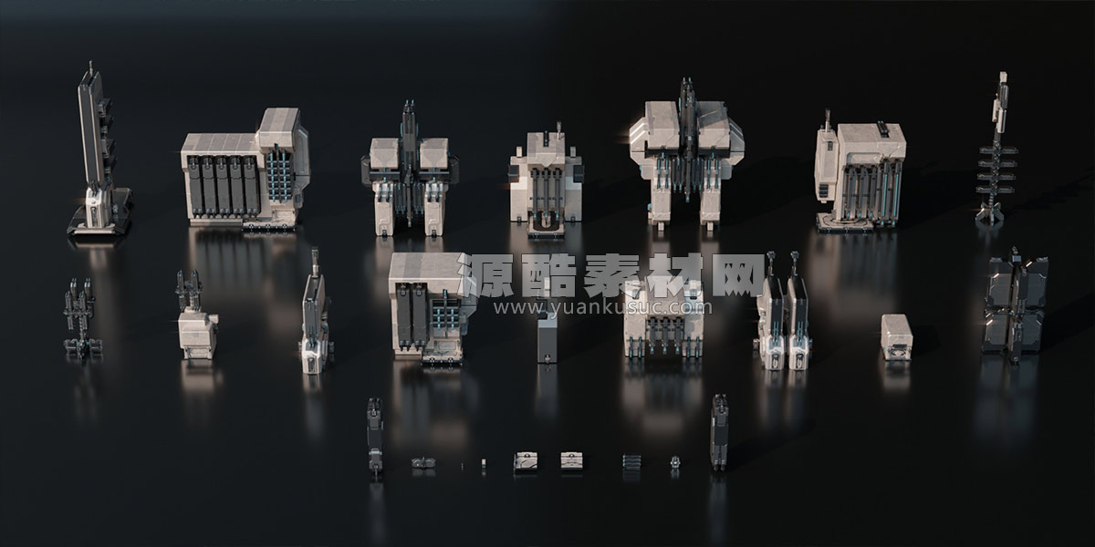 25个未来科幻风格楼房建筑模型3D模型 Space Base – 3D Kitbash Pack (Blender/FBX/OBJ格式)