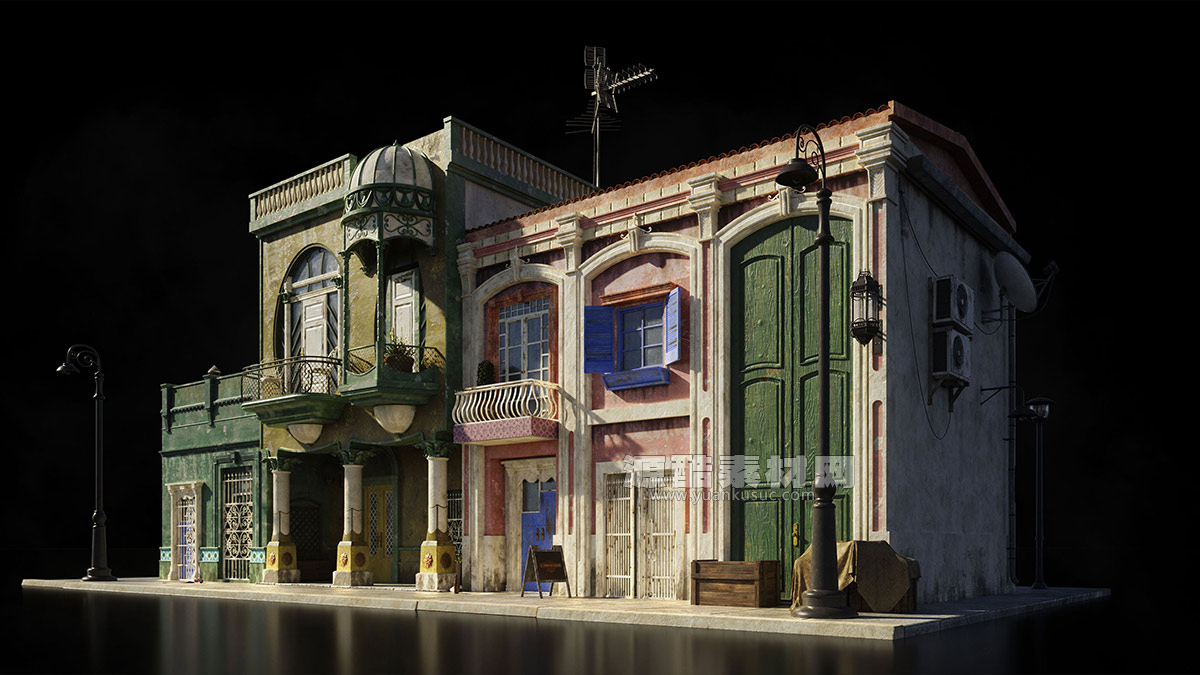 古巴异域风情建筑模型哈瓦那之夜街道城市建筑模型3D模型 kitbash3d HavanaNights