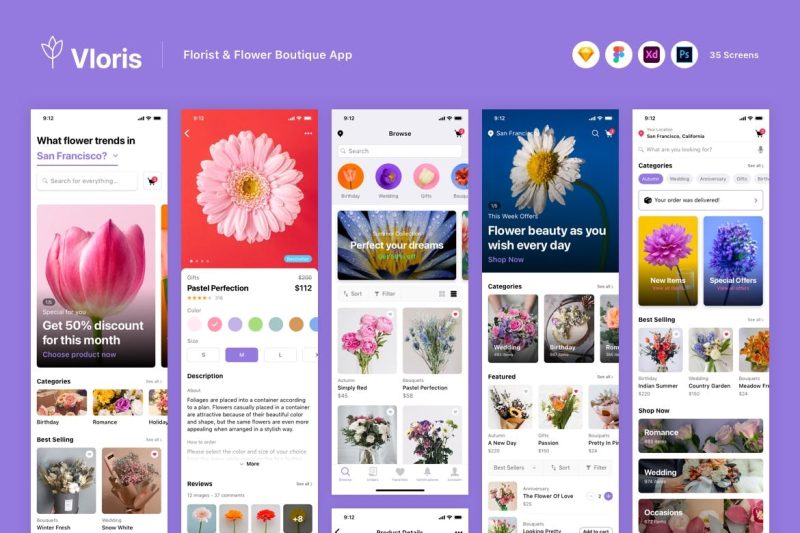 花店和鲜花精品应用App UI Kit (SKETCH,FIG,XD,PSD) florist-flower-boutique-app