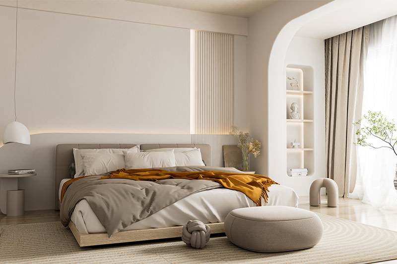 C4D工程-奶油风室内卧室场景渲染工程床模型室内家具C4D模型