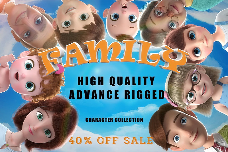 10个带骨骼绑定卡通家庭卡通人物角色模型3D模型 Cartoon Family Rigged V5 3D model
