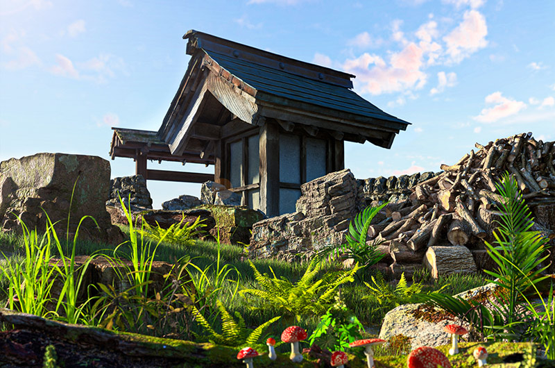 C4D工程-木房子亭子木材野外场景渲染工程木房子野外场景C4D模型