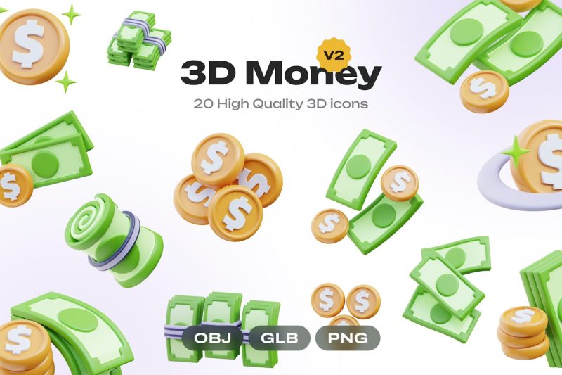 金钱3D图标模型素材(PNG,obj) 3d-money-icons-vol-2