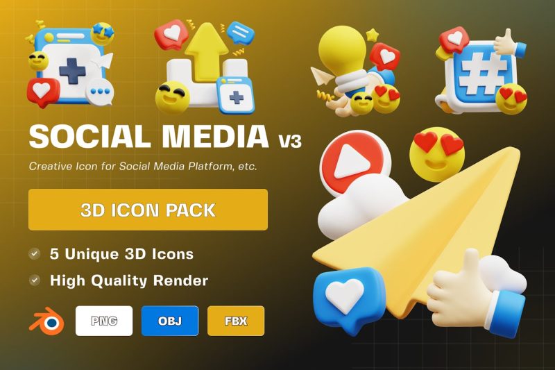 社交媒体3D插图模型包 V3 (PNG,Blend) social-media-3d-illustration-pack-v3