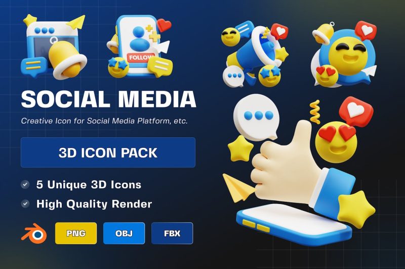 社交媒体3D图标模型素材包 (PNG,Blend) social-media-3d-illustration-pack