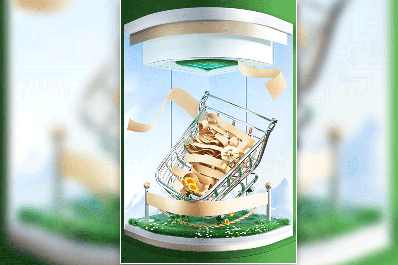 C4D工程-618夏天绿色简约购物车橱窗场景展台渲染工程电商展台C4D模型