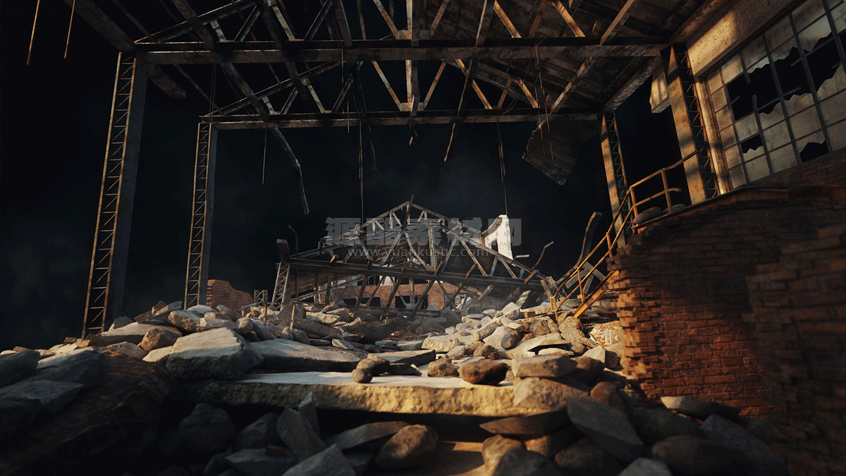 飞机残骸城市楼房建筑倒塌灾难场景建筑模型3D模型 KitBash3D – Wreckage （C4D/FBX/Blender/UE格式）