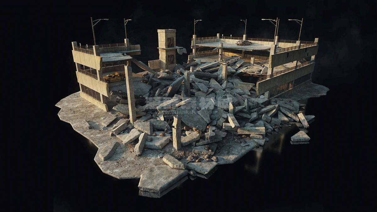 飞机残骸城市楼房建筑倒塌灾难场景建筑模型3D模型 KitBash3D – Wreckage （C4D/FBX/Blender/UE格式）