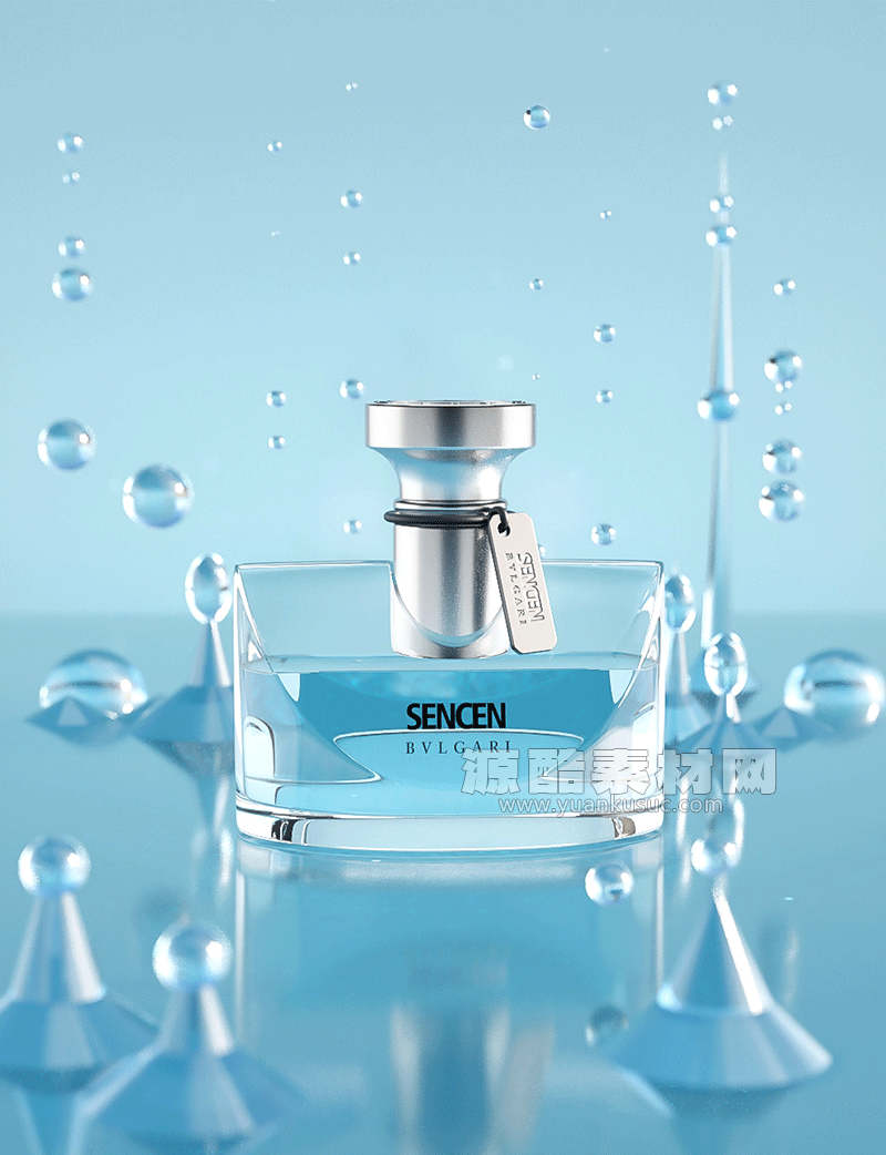 C4D工程-水滴背景香水产品渲染工程玻璃香水瓶模型C4D模型