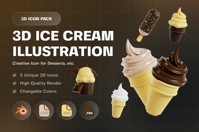 卡通冰淇淋插图3D模型素材 (PNG,Blend) ice-cream-3d-illustration