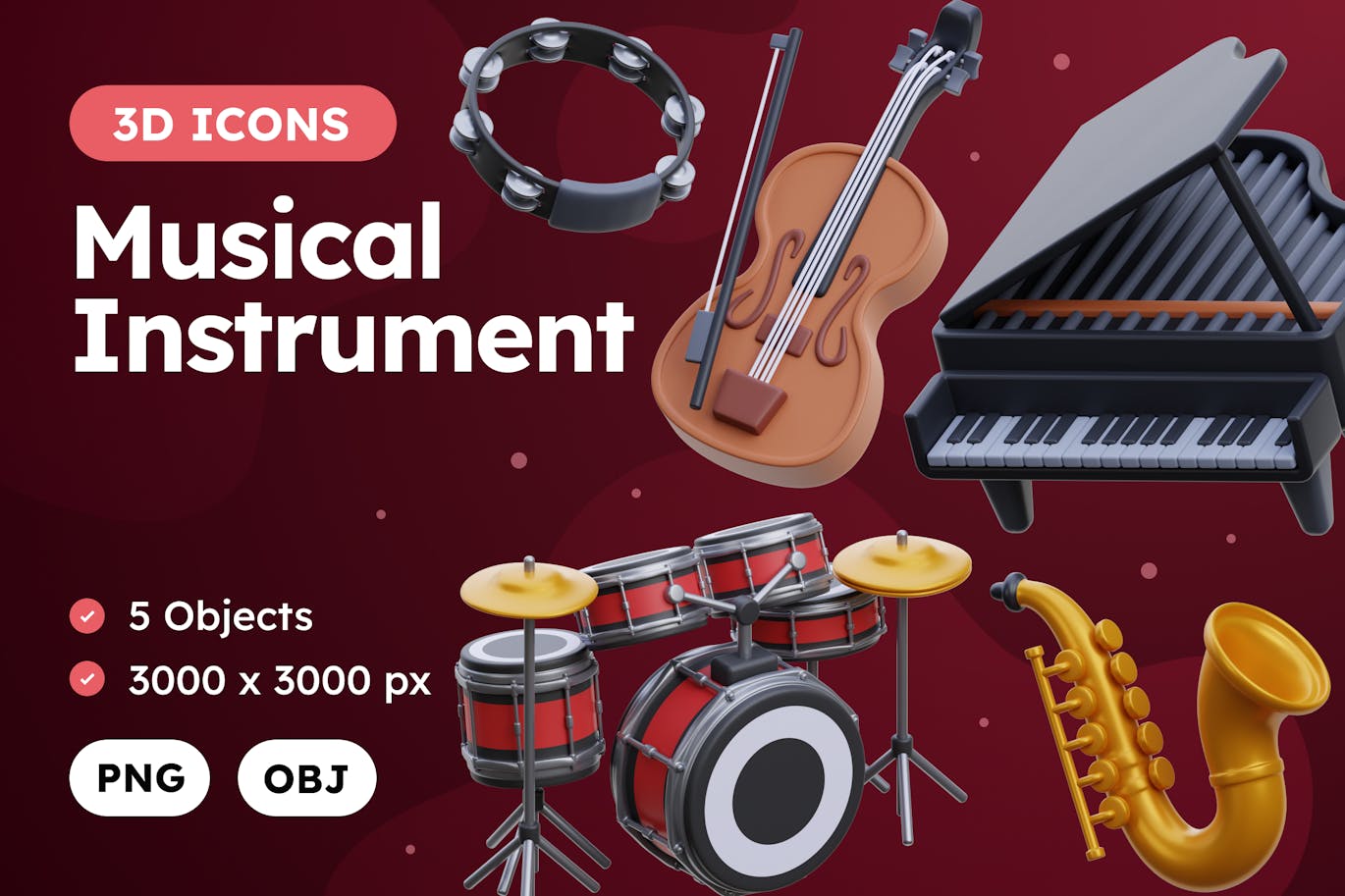 乐器3D图标模型素材(PNG,obj) musical-instrument-3d-illustration