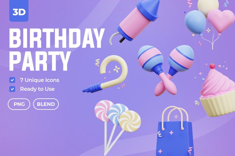 生日聚会3D图标模型素材 (PNG,Blend) birthday-party-3d-icons
