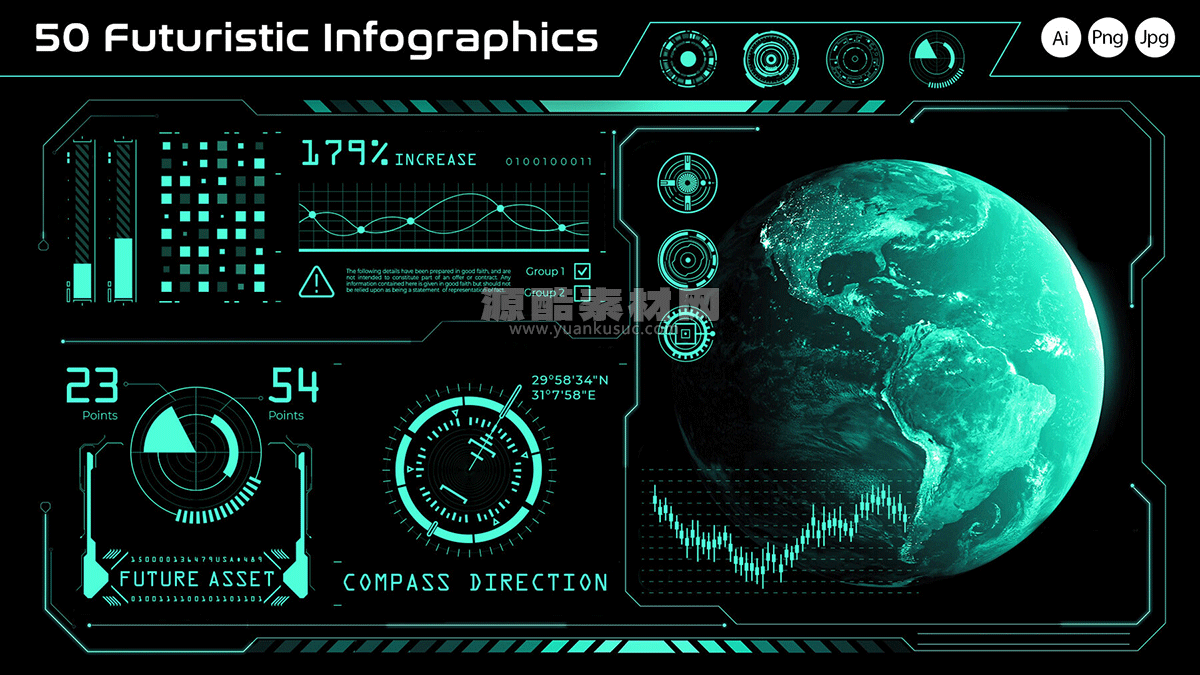 50个未来信息图表未来科技感贴图科幻贴图材质 50 Futuristic Infographic Decals -Ai, Png, Jpg