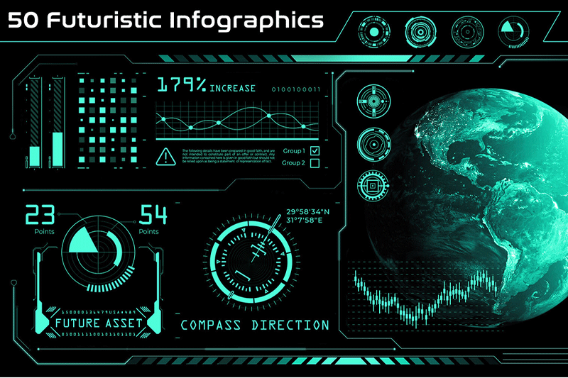 50个未来信息图表未来科技感贴图科幻贴图材质 50 Futuristic Infographic Decals -Ai, Png, Jpg
