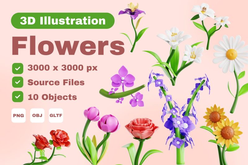 花卉3D图标模型素材集 (PNG,OBJ,GLTF) flowers-3d-icon-set