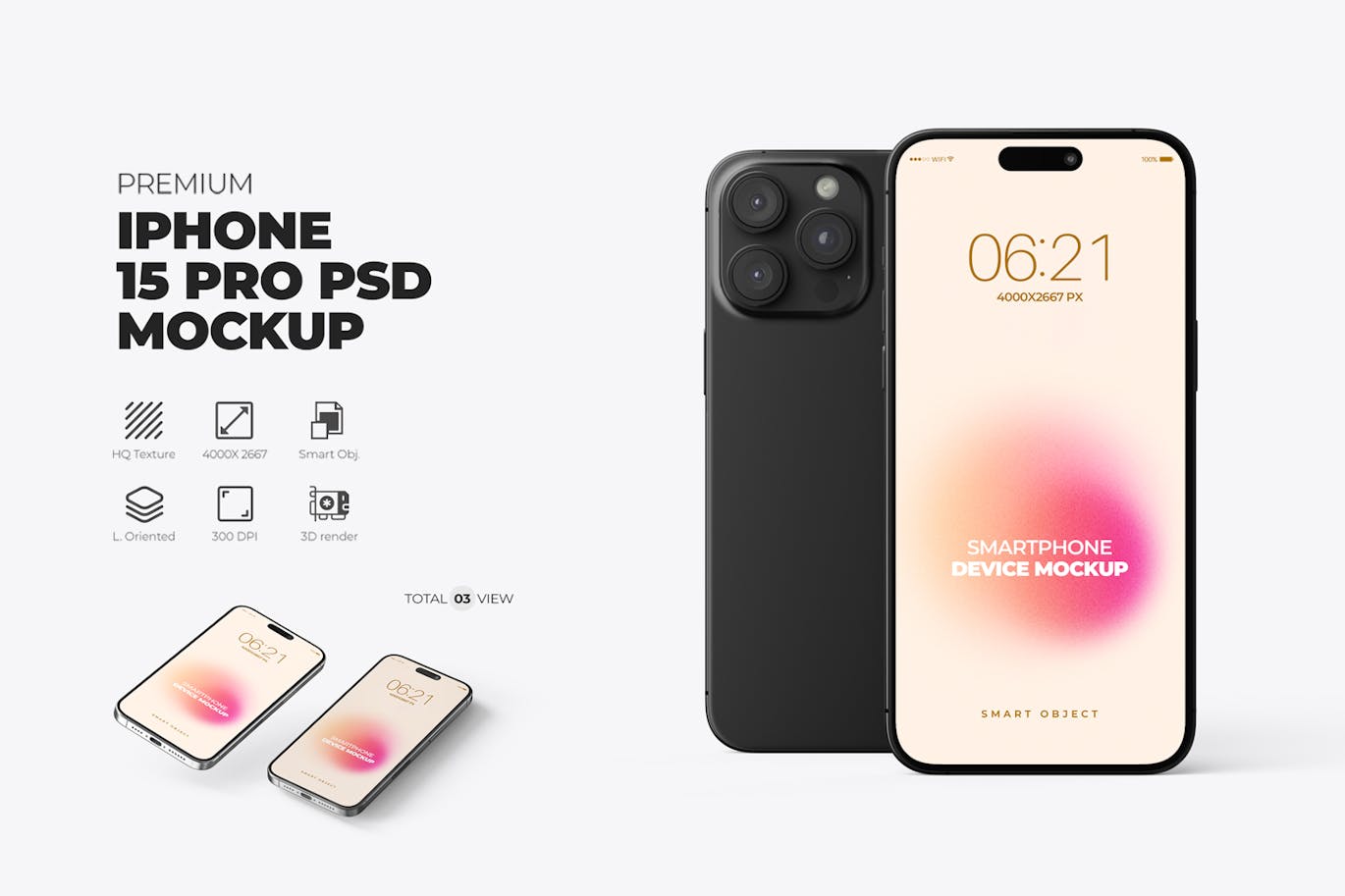 iPhone 15 Pro 响应式 Psd 样机素材 (PSD)