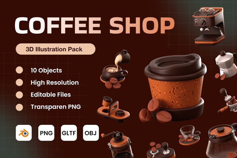 卡通咖啡店主题3D图标模型素材包 V.2 (PNG,Blend,OBJ,GLTF) coffee-shop-3d-icon-pack-v-2