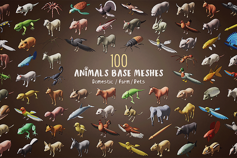 Blender100种低多边形动物3D模型下载Animals Base Meshes