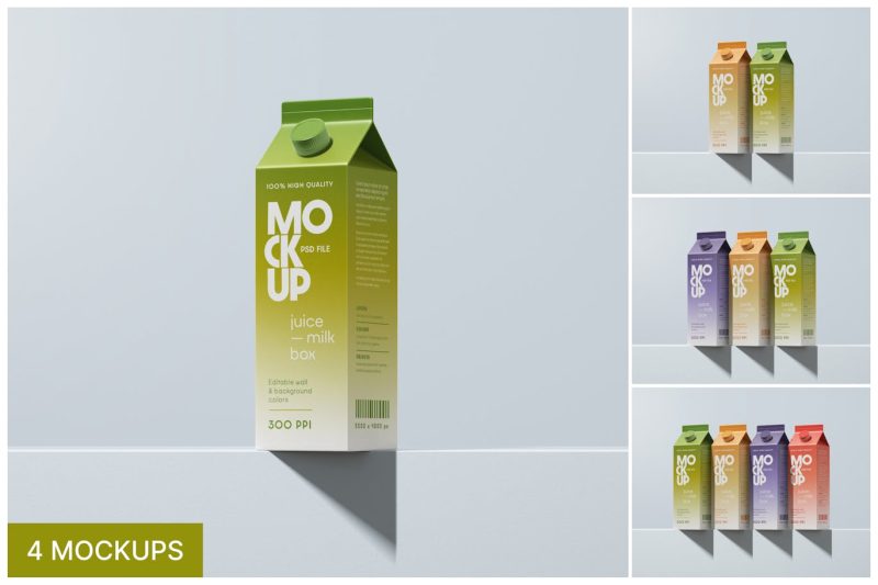 牛奶果汁盒包装设计样机素材套装 (PSD) juice-box-packaging-mockup-set