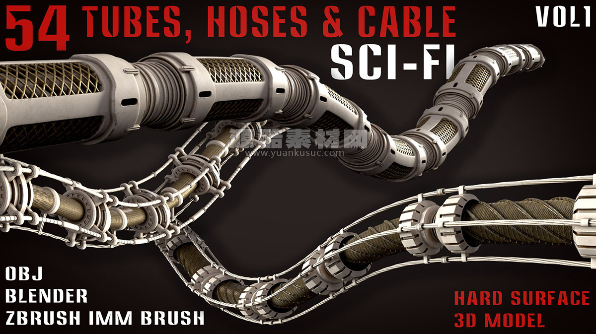 54组科幻电缆软管道模型3D模型资产(OBJ,Blender) 54 Sci-Fi Tubes, Hoses & Cables – vol1