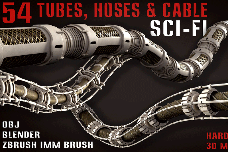 54组科幻电缆软管道模型3D模型资产(OBJ,Blender) 54 Sci-Fi Tubes, Hoses & Cables – vol1