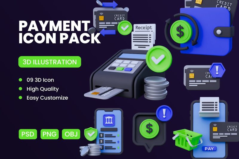 付款交易3D图标模型素材下载 (PNG,PSD,OBJ) payment-transaction-3d-icon