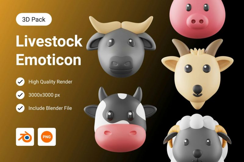 卡通动物3D插图模型素材 (PNG,Blend) livestock-3d-illustration