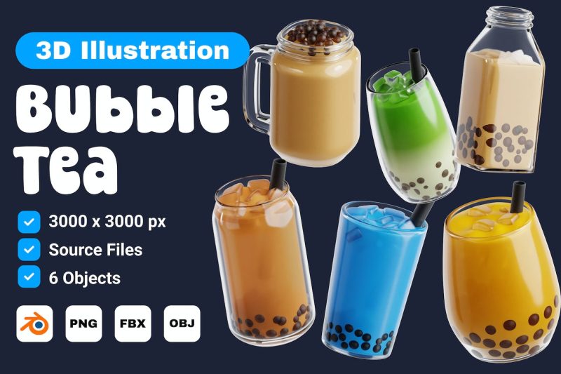 卡通珍珠奶茶V.2 – 3D图标模型素材集 (PNG,OBJ,Blend) bubble-tea-v-2-3d-icon-set