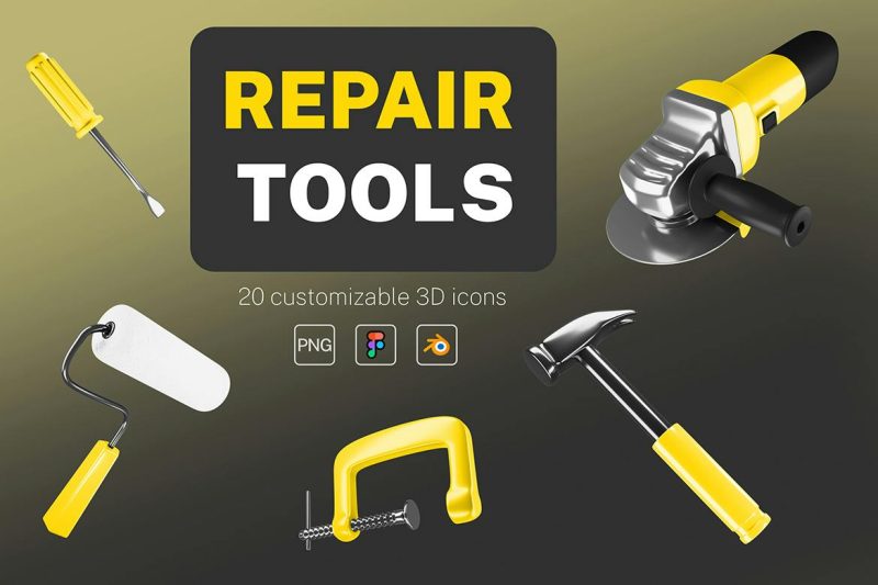 修理工具3D图标模型素材 (PNG,FIG,Blend) 3d-icons-pack-repair-tools