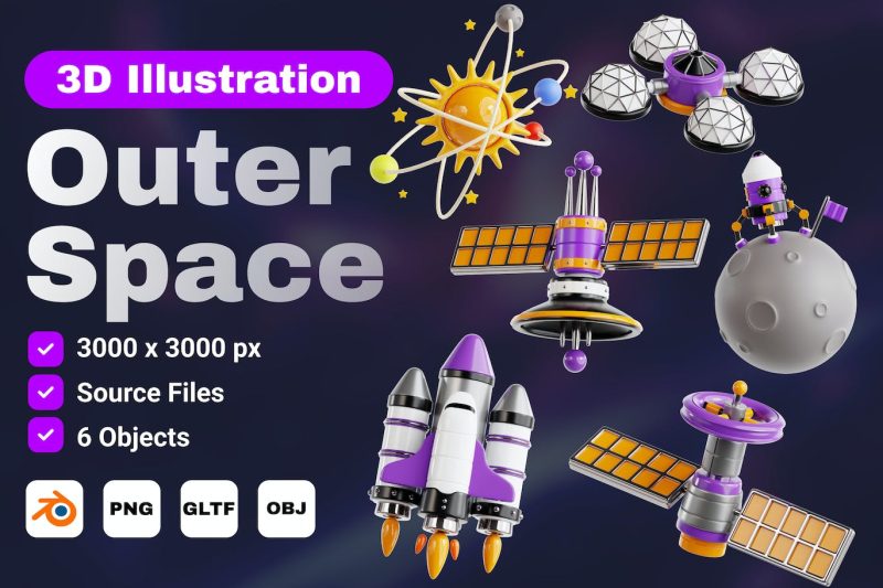 卡通火箭卫星3D图标模型素材 (PNG,OBJ,Blend) outer-space-v-4-3d-icon-set