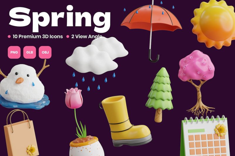 卡通春天3D图标模型素材 (PNG,OBJ) spring-3d-icon
