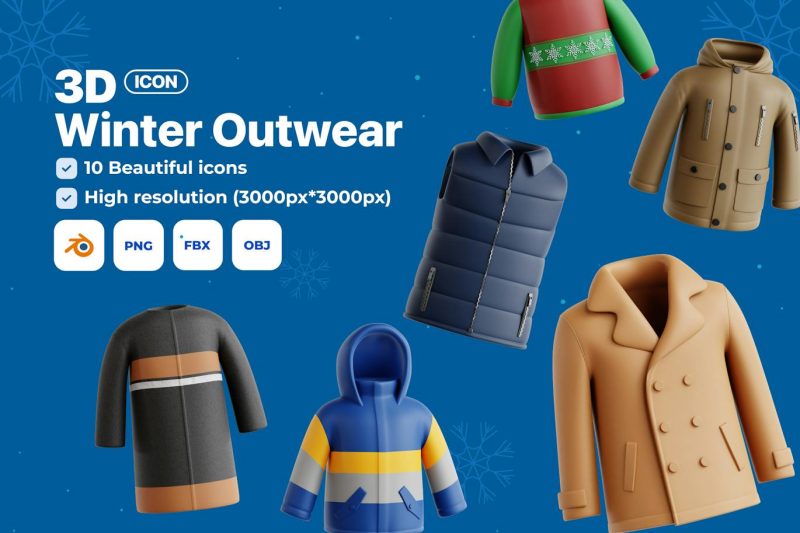 卡通冬季外套3D图标模型素材集 (FBX,OBJ,Blend) winter-outwear-3d-icon-set
