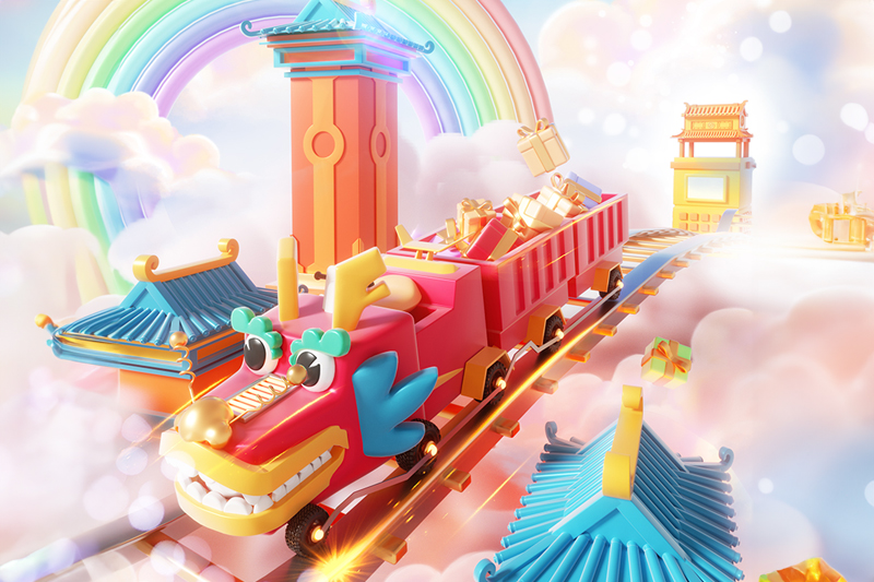 C4D工程-卡通龙年建筑龙头火车电商场景渲染工程电商场景C4D模型