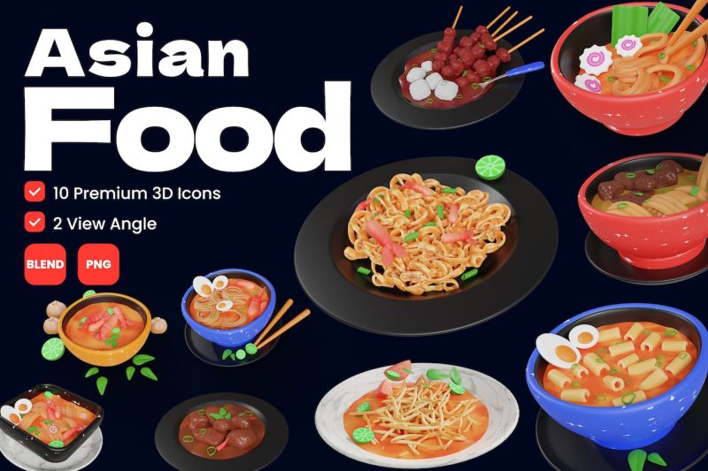 卡通亚洲食品3D图标模型素材(PNG,Blend) asian-food-3d-icon