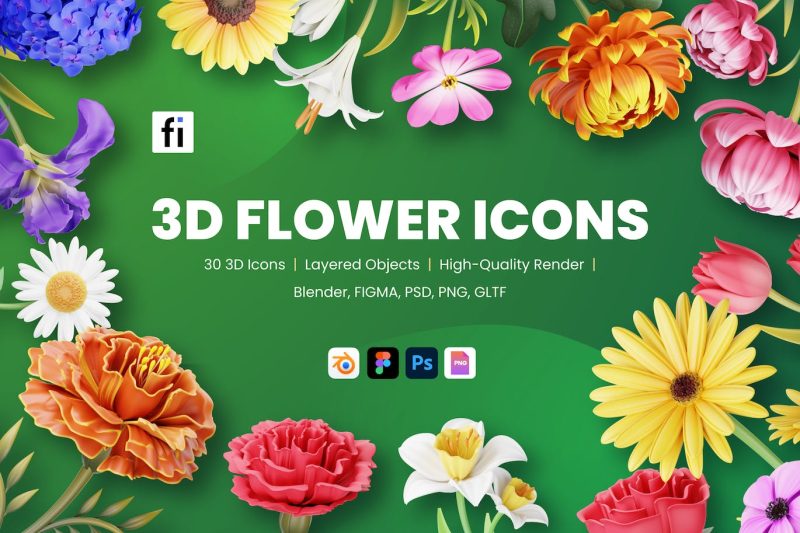 花卉3D模型图标素材合集(Blender,FIG,PNG,PSD) 3d-flower-icons