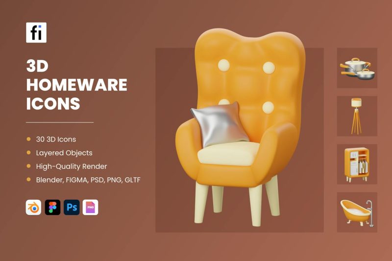 卡通家居用品图标3D模型素材 (Blend,FIG,PNG,PSD,GLTF) 3d-homeware-icons