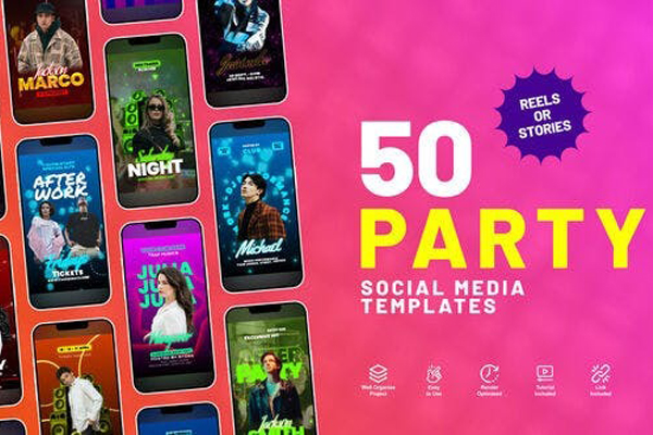 AE模板-50种社交媒体竖屏派对演唱会海报封面设计宣传动画 Instagram Party Reels