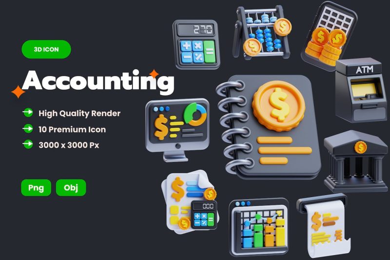 会计图标3D模型素材 (OBJ,PNG,) accounting-3d-icons
