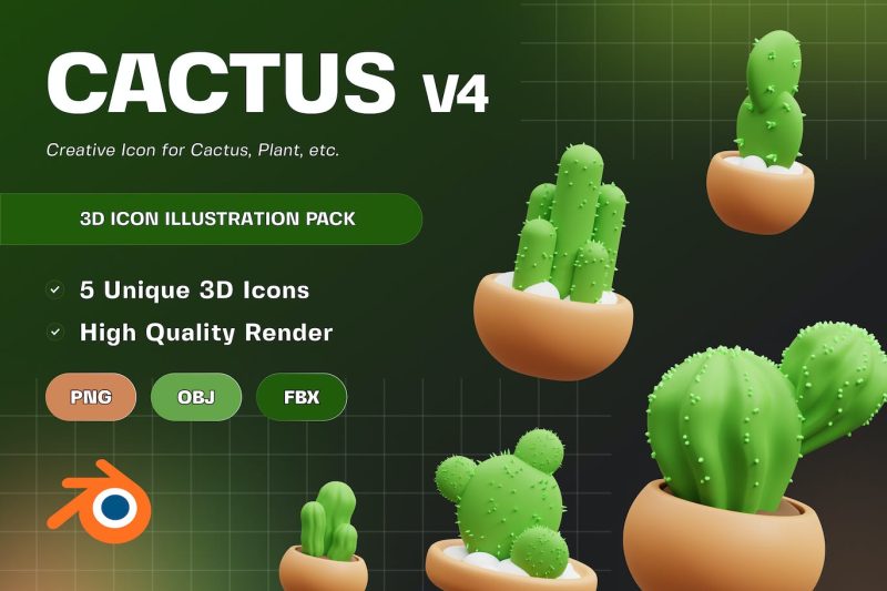 仙人掌插图3D模型素材V4 (Blend,PNG) cactus-3d-illustration-v4