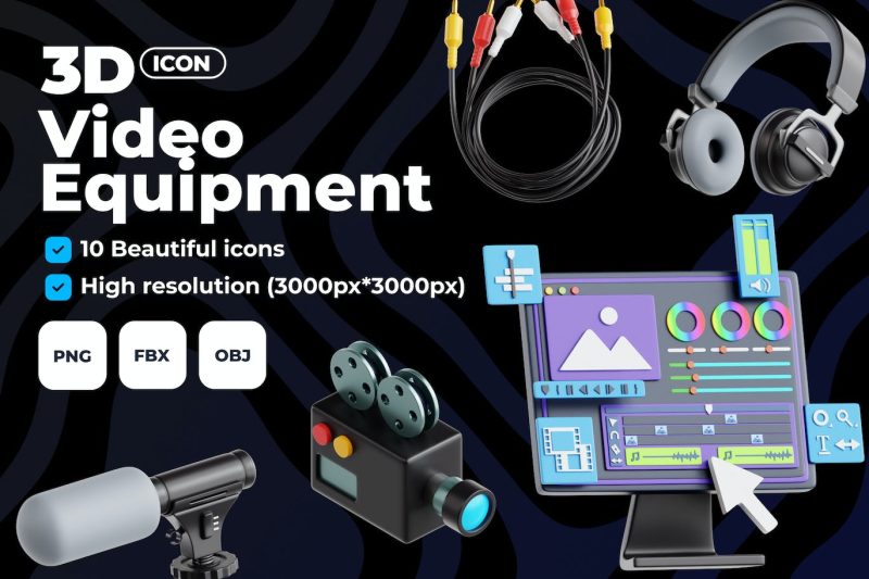 视频设备图标3D模型素材集 (FBX,OBJ,PNG) video-equipment-3d-icon-set