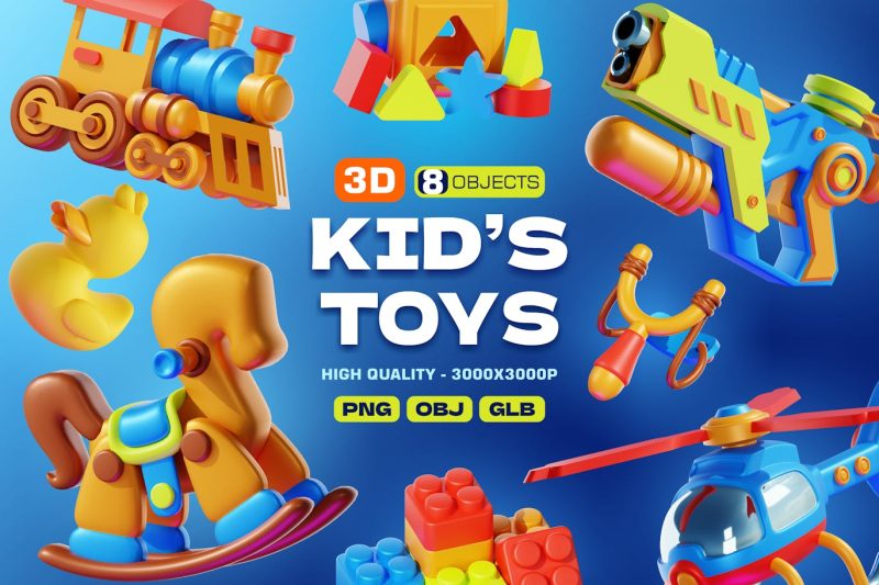 儿童玩具插图3D模型素材包 (OBJ,PNG) kid-s-toys-3d-illustration-pack