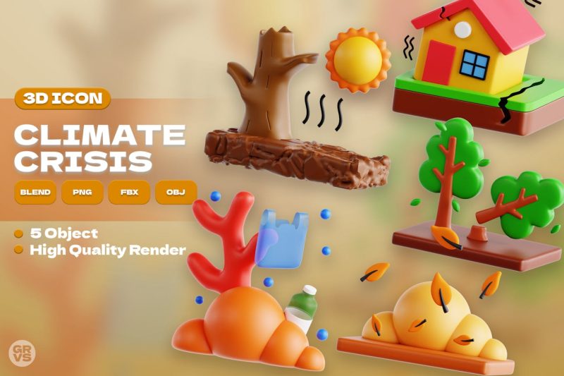 气候危机图标3D模型素材集 (OBJ,FBX,BLEND,PNG) climate-crisis-3d-icon-set