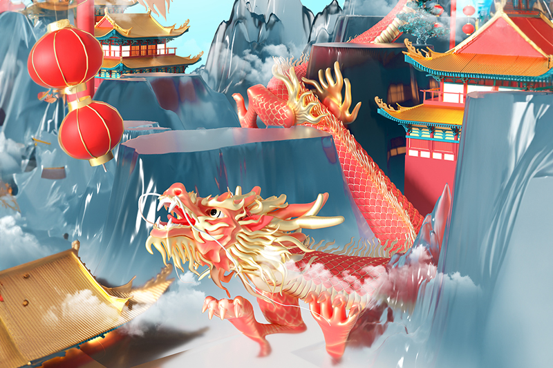 C4D工程-龙年中国风贺岁创意场景渲染工程龙模型C4D模型