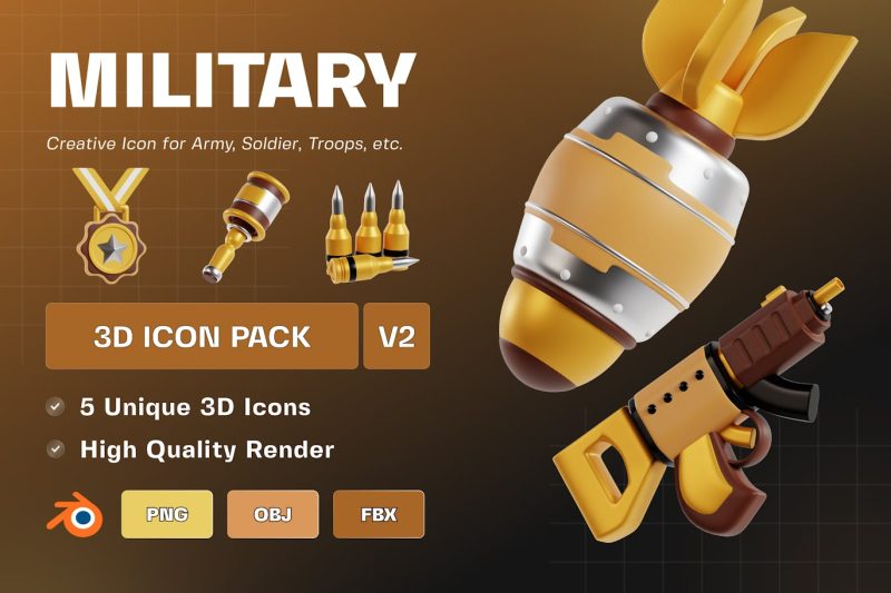 军事武器插图3D模型素材包V2 (OBJ,FBX,BLEND,PNG) military-3d-illustration-pack-v2
