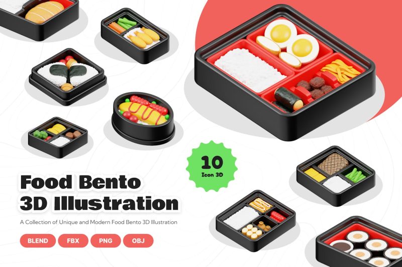 10个卡通食物便当3D模型素材 (OBJ,FBX,BLEND,PNG) food-bento-3d-illustration