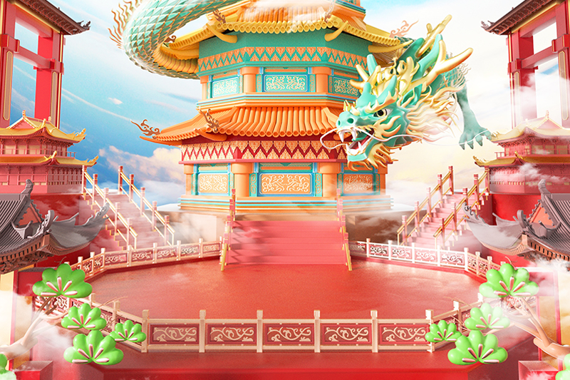 C4D工程-青龙环绕中国风贺电商展台场景渲染工程电商场景C4D模型