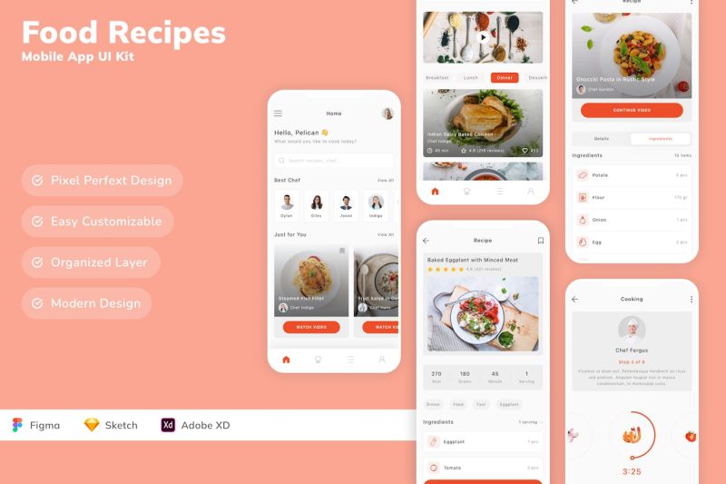 食物食谱移动应用APP UI KIT (SKETCH,FIG,XD) food-recipes-mobile-app-ui
